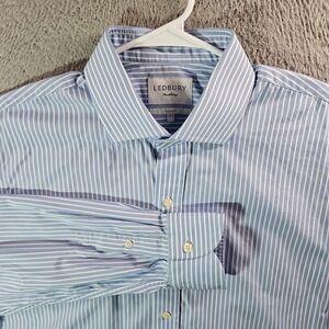 Ledbury Shirt Men 17.5 Slim Fit Button Up Long Sleeve Blue Whtie Striped-PlsRead